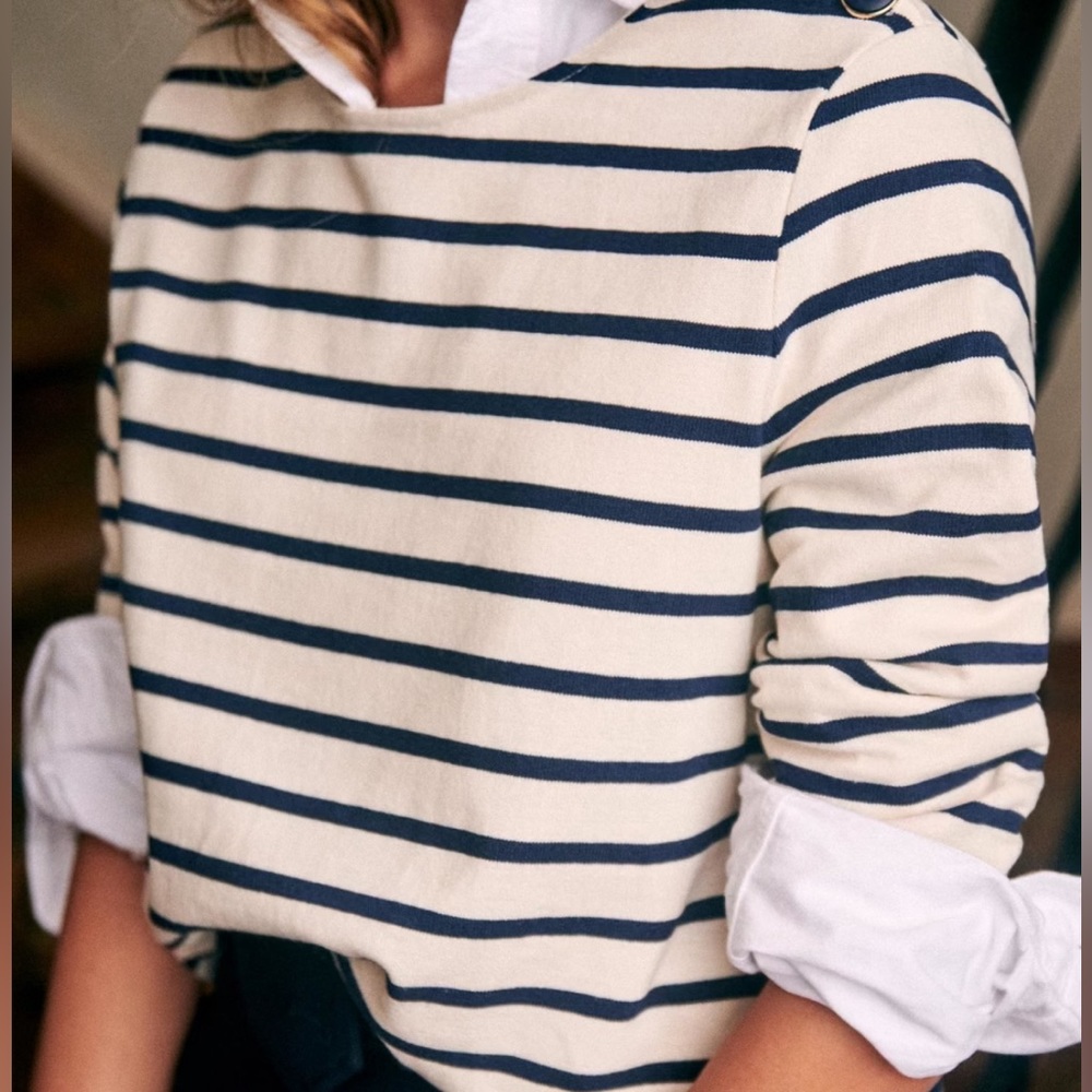 Sezane Colette Mariniere Ecru Navy sz M 3/4 sleeve Striped